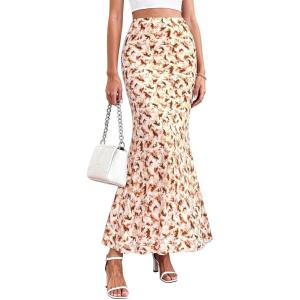image:imagePRETTYGARDEN Womens Maxi Skirt 2026 Summer Flowy Polka Dot Floral High Waisted Mermaid Office Work Spring Long Slip SkirtsBrown Floral
