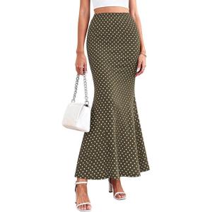 image:imagePRETTYGARDEN Womens Maxi Skirt 2026 Summer Flowy Polka Dot Floral High Waisted Mermaid Office Work Spring Long Slip SkirtsDot Army Green White