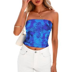 image:imagePRETTYGARDEN Womens Mesh Floral Strapless Bandeau Crop TopBright Blue