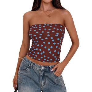 image:imagePRETTYGARDEN Womens Mesh Floral Strapless Bandeau Crop TopDot Brown Blue