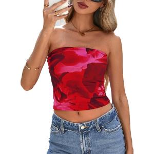 image:imagePRETTYGARDEN Womens Mesh Floral Strapless Bandeau Crop TopRed