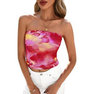 image:imagePRETTYGARDEN Womens Mesh Floral Strapless Bandeau Crop TopRose Red