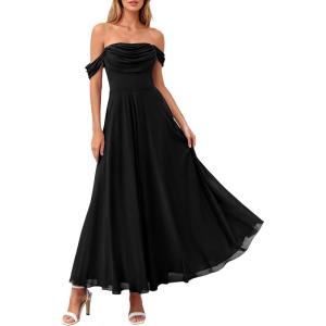 image:imagePRETTYGARDEN Womens Off Shoulder Maxi Summer Dresses 2026 Elegant Mesh Aline Swing Ruched Flowy Cocktail Wedding Guest DressBlack