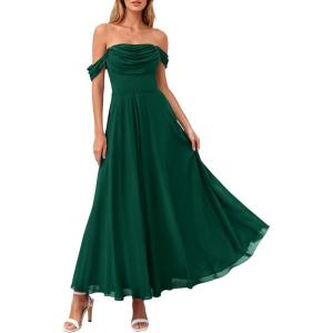 image:imagePRETTYGARDEN Womens Off Shoulder Maxi Summer Dresses 2026 Elegant Mesh Aline Swing Ruched Flowy Cocktail Wedding Guest DressDark Green