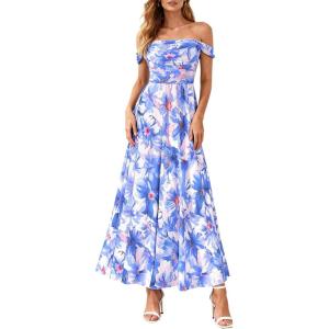 image:imagePRETTYGARDEN Womens Off Shoulder Maxi Summer Dresses 2026 Elegant Mesh Aline Swing Ruched Flowy Cocktail Wedding Guest DressFloral Blue Pink