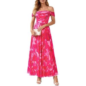 image:imagePRETTYGARDEN Womens Off Shoulder Maxi Summer Dresses 2026 Elegant Mesh Aline Swing Ruched Flowy Cocktail Wedding Guest DressFloral Rose Red