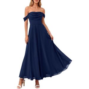image:imagePRETTYGARDEN Womens Off Shoulder Maxi Summer Dresses 2026 Elegant Mesh Aline Swing Ruched Flowy Cocktail Wedding Guest DressNavy