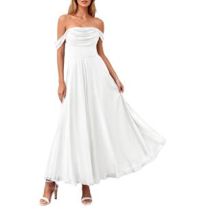 image:imagePRETTYGARDEN Womens Off Shoulder Maxi Summer Dresses 2026 Elegant Mesh Aline Swing Ruched Flowy Cocktail Wedding Guest DressWhite