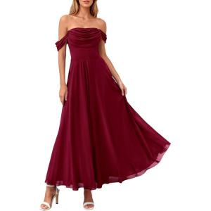 image:imagePRETTYGARDEN Womens Off Shoulder Maxi Summer Dresses 2026 Elegant Mesh Aline Swing Ruched Flowy Cocktail Wedding Guest DressWine Red