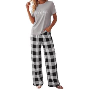 image:imagePRETTYGARDEN Womens Pajama Sets 2 Piece Lounge PJ Set 2026 Summer Soft Sleepwear Short Sleeve Top Loose Pants Spring OutfitsGrey