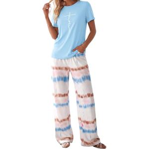 image:imagePRETTYGARDEN Womens Pajama Sets 2 Piece Lounge PJ Set 2026 Summer Soft Sleepwear Short Sleeve Top Loose Pants Spring OutfitsLight Blue