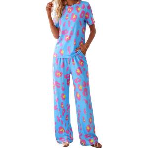 image:imagePRETTYGARDEN Womens Pajama Sets 2 Piece Lounge PJ Set 2026 Summer Soft Sleepwear Short Sleeve Top Loose Pants Spring OutfitsMulticolor Leopard