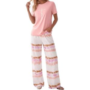 image:imagePRETTYGARDEN Womens Pajama Sets 2 Piece Lounge PJ Set 2026 Summer Soft Sleepwear Short Sleeve Top Loose Pants Spring OutfitsPink