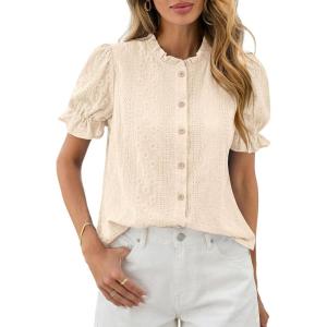 image:imagePRETTYGARDEN Womens Puff Short Sleeve Tops 2026 Summer Spring Button Down Boho Embroidered Cute Blouse Dressy Casual ShirtsApricot