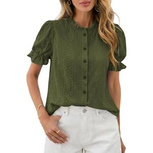 image:imagePRETTYGARDEN Womens Puff Short Sleeve Tops 2026 Summer Spring Button Down Boho Embroidered Cute Blouse Dressy Casual ShirtsArmy Green