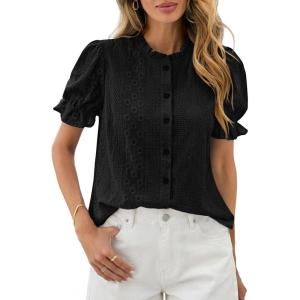 image:imagePRETTYGARDEN Womens Puff Short Sleeve Tops 2026 Summer Spring Button Down Boho Embroidered Cute Blouse Dressy Casual ShirtsBlack