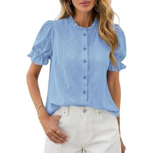image:imagePRETTYGARDEN Womens Puff Short Sleeve Tops 2026 Summer Spring Button Down Boho Embroidered Cute Blouse Dressy Casual ShirtsLight Blue