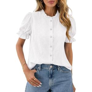 image:imagePRETTYGARDEN Womens Puff Short Sleeve Tops 2026 Summer Spring Button Down Boho Embroidered Cute Blouse Dressy Casual ShirtsWhite