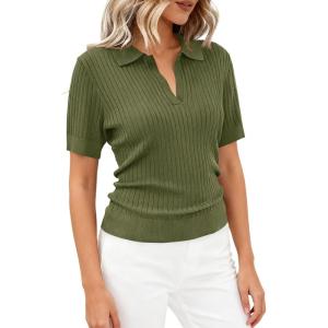 image:imagePRETTYGARDEN Womens Short Sleeve Sweater 2026 Spring Polo Shirts Ribbed Knit V Neck Business Casual Tops Summer Work ClothesArmy Green