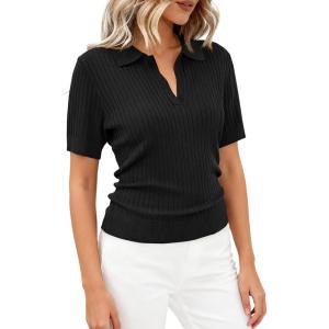 image:imagePRETTYGARDEN Womens Short Sleeve Sweater 2026 Spring Polo Shirts Ribbed Knit V Neck Business Casual Tops Summer Work ClothesBlack