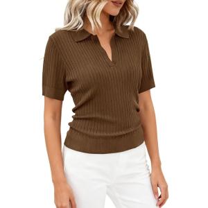 image:imagePRETTYGARDEN Womens Short Sleeve Sweater 2026 Spring Polo Shirts Ribbed Knit V Neck Business Casual Tops Summer Work ClothesBrown