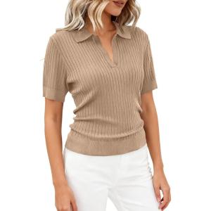 image:imagePRETTYGARDEN Womens Short Sleeve Sweater 2026 Spring Polo Shirts Ribbed Knit V Neck Business Casual Tops Summer Work ClothesKhaki