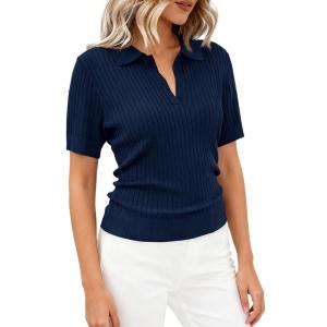 image:imagePRETTYGARDEN Womens Short Sleeve Sweater 2026 Spring Polo Shirts Ribbed Knit V Neck Business Casual Tops Summer Work ClothesNavy Blue