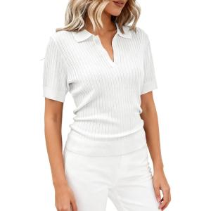 image:imagePRETTYGARDEN Womens Short Sleeve Sweater 2026 Spring Polo Shirts Ribbed Knit V Neck Business Casual Tops Summer Work ClothesWhite