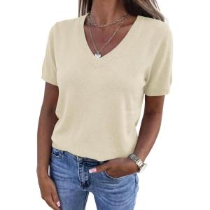 image:imagePRETTYGARDEN Womens Short Sleeve Sweater V Neck Trendy Pullover Tops 2026 Summer Spring Loose Lightweight Casual BlouseBeige