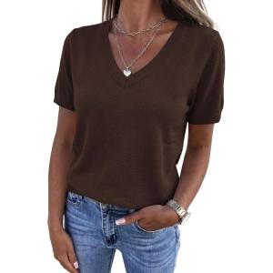 image:imagePRETTYGARDEN Womens Short Sleeve Sweater V Neck Trendy Pullover Tops 2026 Summer Spring Loose Lightweight Casual BlouseBrown