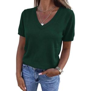 image:imagePRETTYGARDEN Womens Short Sleeve Sweater V Neck Trendy Pullover Tops 2026 Summer Spring Loose Lightweight Casual BlouseDark Green