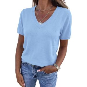 image:imagePRETTYGARDEN Womens Short Sleeve Sweater V Neck Trendy Pullover Tops 2026 Summer Spring Loose Lightweight Casual BlouseLight Blue