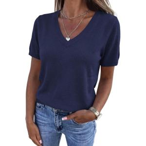 image:imagePRETTYGARDEN Womens Short Sleeve Sweater V Neck Trendy Pullover Tops 2026 Summer Spring Loose Lightweight Casual BlouseNavy Blue