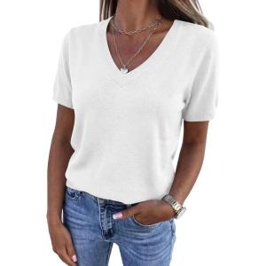 image:imagePRETTYGARDEN Womens Short Sleeve Sweater V Neck Trendy Pullover Tops 2026 Summer Spring Loose Lightweight Casual BlouseWhite
