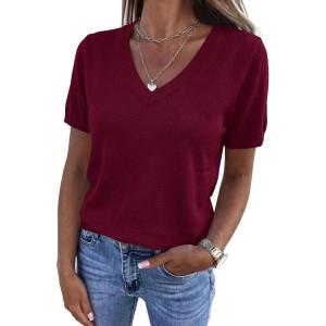 image:imagePRETTYGARDEN Womens Short Sleeve Sweater V Neck Trendy Pullover Tops 2026 Summer Spring Loose Lightweight Casual BlouseWine Red