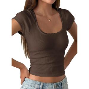 image:imagePRETTYGARDEN Womens Short Sleeve Tops 2026 Summer Lace Trim Square Neck Slim Fitted Going Out Basic Tee Shirts Y2K ClothesBrown