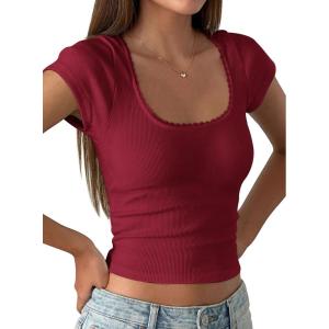 image:imagePRETTYGARDEN Womens Short Sleeve Tops 2026 Summer Lace Trim Square Neck Slim Fitted Going Out Basic Tee Shirts Y2K ClothesBurgundy