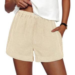 image:imagePRETTYGARDEN Womens Striped Boxer Shorts Summer 2026 Trendy Casual Elastic Waist Lounge Sleep Pajama Bottoms Beach ShortsStriped Apricot White