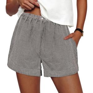 image:imagePRETTYGARDEN Womens Striped Boxer Shorts Summer 2026 Trendy Casual Elastic Waist Lounge Sleep Pajama Bottoms Beach ShortsStriped Black White
