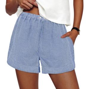 image:imagePRETTYGARDEN Womens Striped Boxer Shorts Summer 2026 Trendy Casual Elastic Waist Lounge Sleep Pajama Bottoms Beach ShortsStriped Blue White