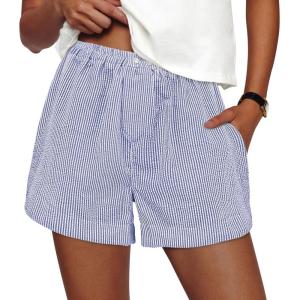 image:imagePRETTYGARDEN Womens Striped Boxer Shorts Summer 2026 Trendy Casual Elastic Waist Lounge Sleep Pajama Bottoms Beach ShortsStriped Dark Blue White