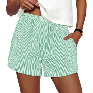 image:imagePRETTYGARDEN Womens Striped Boxer Shorts Summer 2026 Trendy Casual Elastic Waist Lounge Sleep Pajama Bottoms Beach ShortsStriped Green White