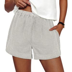 image:imagePRETTYGARDEN Womens Striped Boxer Shorts Summer 2026 Trendy Casual Elastic Waist Lounge Sleep Pajama Bottoms Beach ShortsStriped Grey Blue White