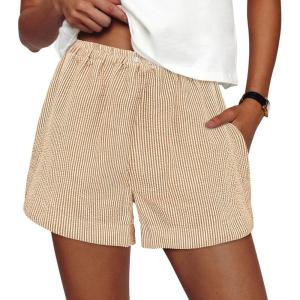 image:imagePRETTYGARDEN Womens Striped Boxer Shorts Summer 2026 Trendy Casual Elastic Waist Lounge Sleep Pajama Bottoms Beach ShortsStriped Khaki White