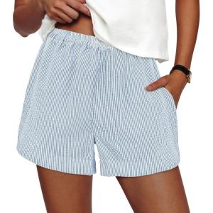 image:imagePRETTYGARDEN Womens Striped Boxer Shorts Summer 2026 Trendy Casual Elastic Waist Lounge Sleep Pajama Bottoms Beach ShortsStriped Light Blue White