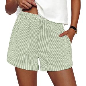image:imagePRETTYGARDEN Womens Striped Boxer Shorts Summer 2026 Trendy Casual Elastic Waist Lounge Sleep Pajama Bottoms Beach ShortsStriped Light Green White
