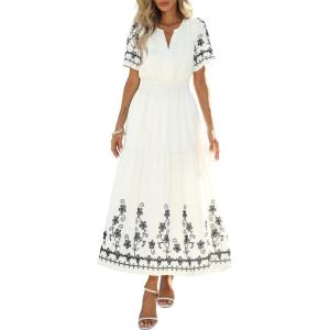image:imagePRETTYGARDEN Womens Summer Boho Maxi Dress 2026 Spring Floral Short Sleeve V Neck A Line Flowy Beach Wedding Guest DressesBeige