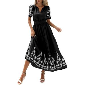 image:imagePRETTYGARDEN Womens Summer Boho Maxi Dress 2026 Spring Floral Short Sleeve V Neck A Line Flowy Beach Wedding Guest DressesBlack