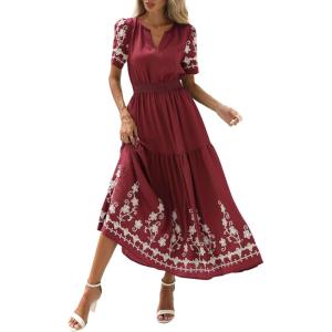 image:imagePRETTYGARDEN Womens Summer Boho Maxi Dress 2026 Spring Floral Short Sleeve V Neck A Line Flowy Beach Wedding Guest DressesBurgundy