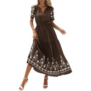 image:imagePRETTYGARDEN Womens Summer Boho Maxi Dress 2026 Spring Floral Short Sleeve V Neck A Line Flowy Beach Wedding Guest DressesCoffee